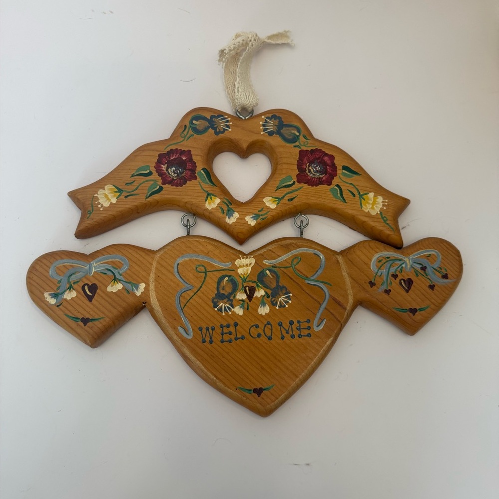 Vintage Handmade Wooden Heart Welcome Sign w/Floral Design Cottagecore
